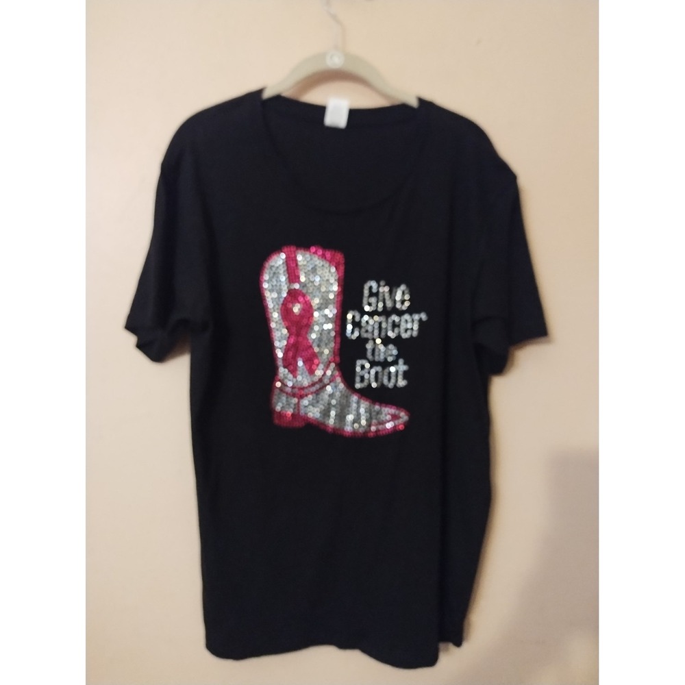 Torque Womens Give Cancer the Boot Rhinestone T-Shirt Black Ribbon Large